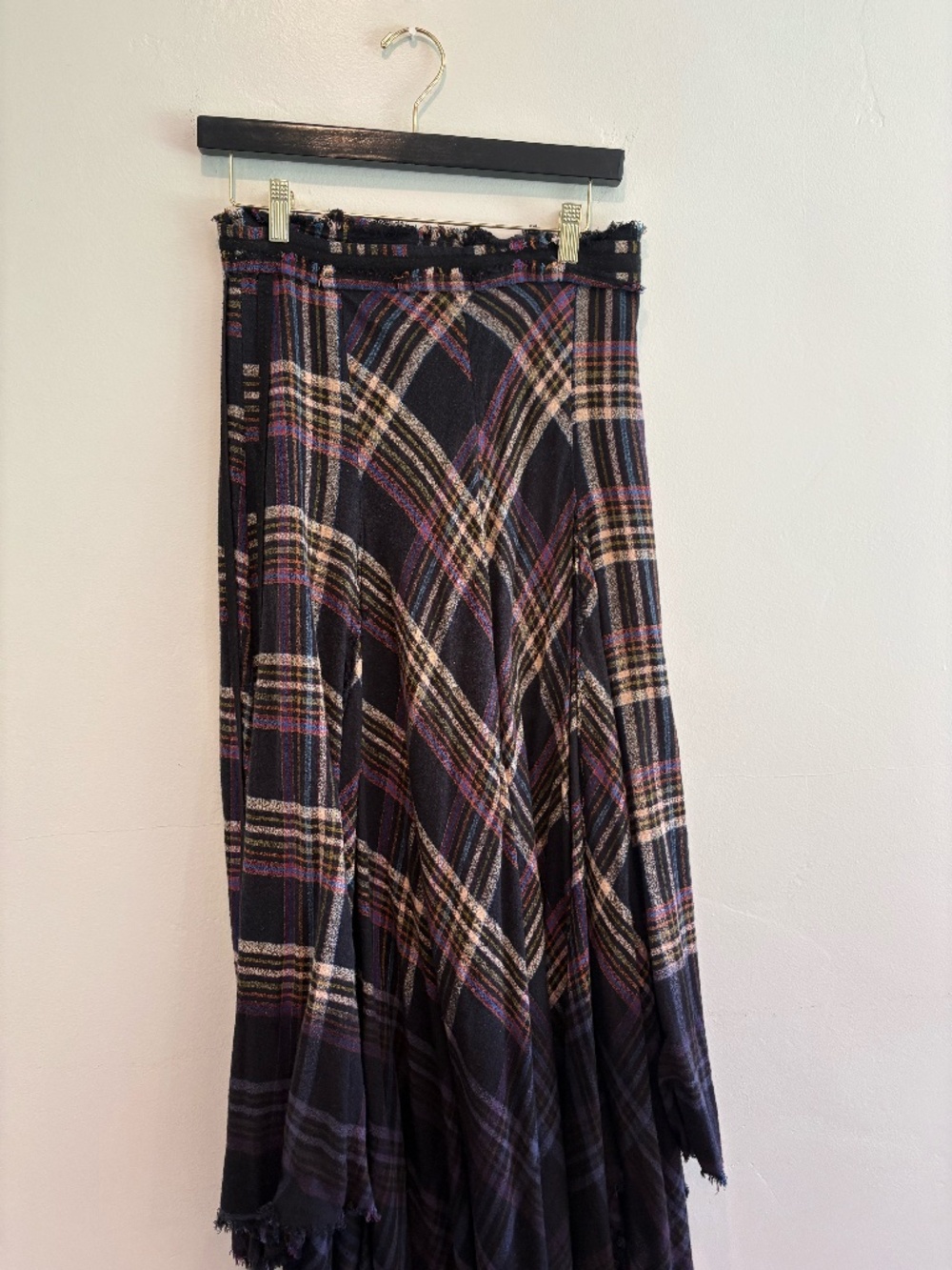 Free people black plaid skirt with raw hem line